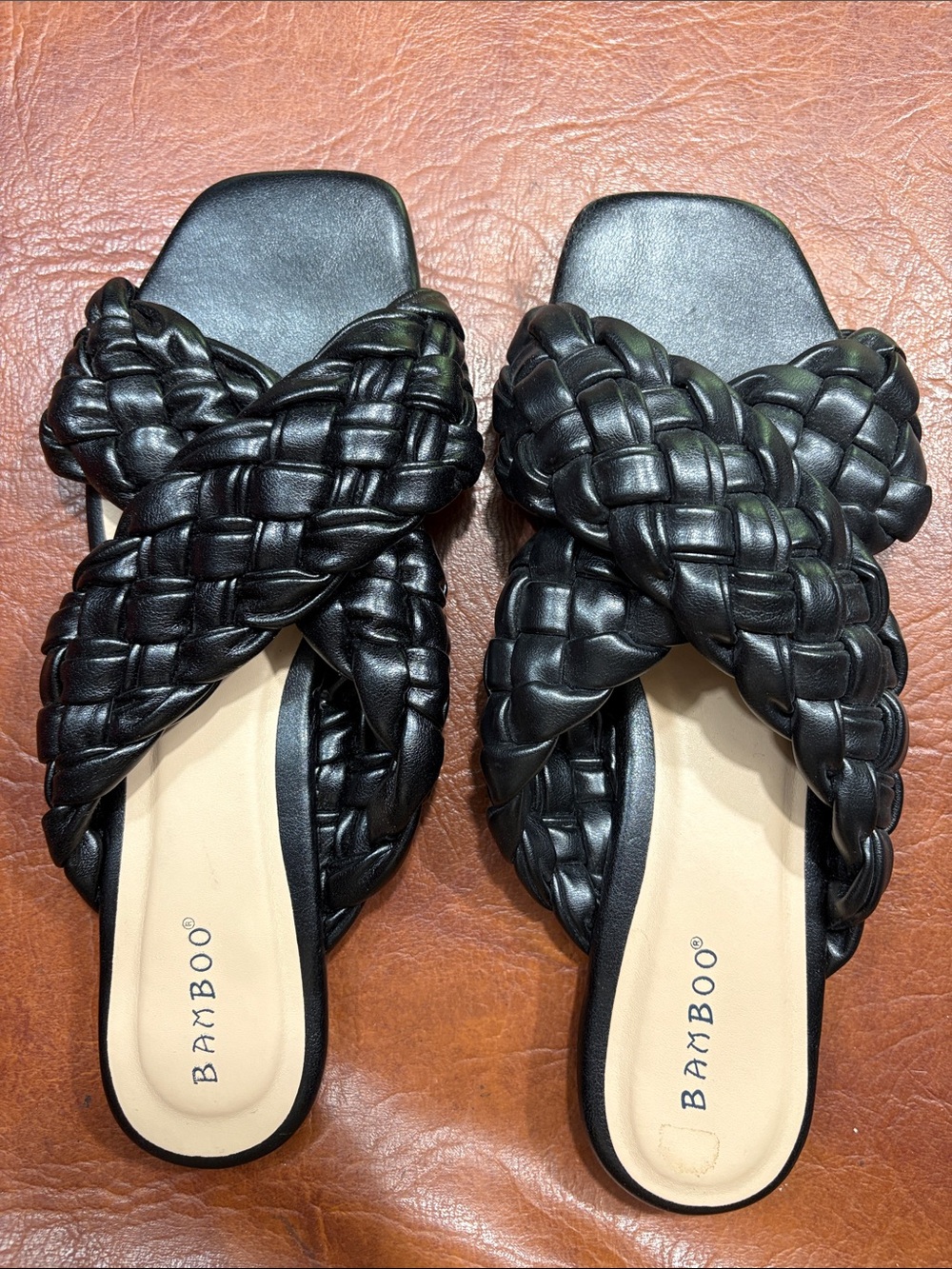 BAMBOO Black Braided Crossband Slide Sandals for Women 8.5